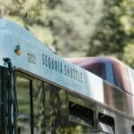 Biały bus wahadłowy w parku narodowym na tle drzew w słoneczny dzień